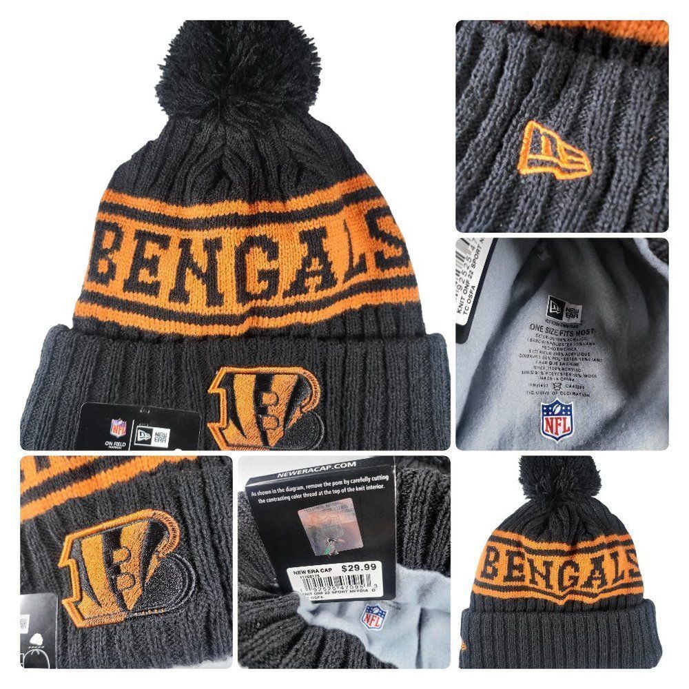 NWT Cincinnati Bengals Sports Knit Pom Beanie Fleece Lining OSFA Unisex - Picture 9 of 9